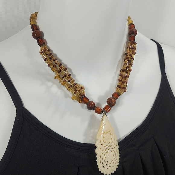 Handcrafted Wood Glass Bead Necklace with Carved Pendant - Picture 2 of 9